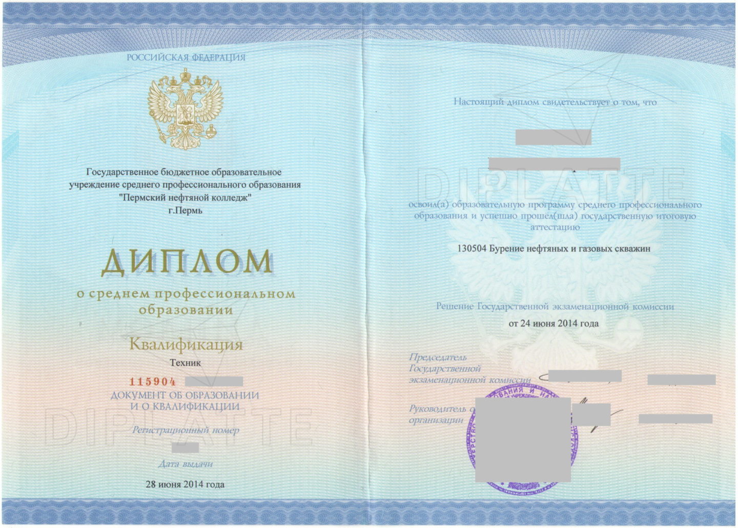 Диплом СПО 2014 года выдачи по специальности Бурение нефтяных и газовых скважин GYR